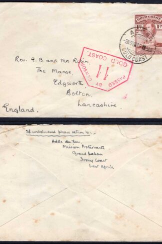 Gold Coast 1939 Censored Cover with KGVI 1d to England