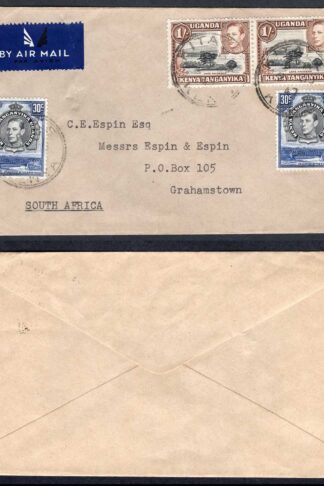 KUT KGVI 1/- Pair and 30c x 2 on Airmail Cover to Grahamstown