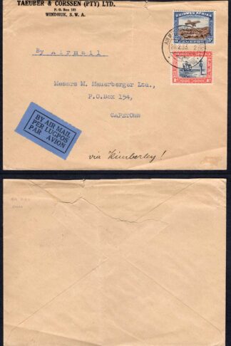 SWA 1933 Airmail cover with a 1d and 3d Stamps