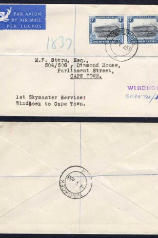 SWA 1953 Airmail cover with a SG77 3d Pair