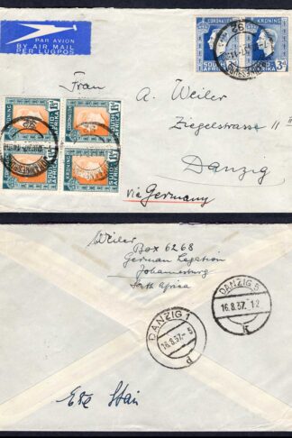 South Africa 1 1/2d Block and 3d Pair on an Airmail cover