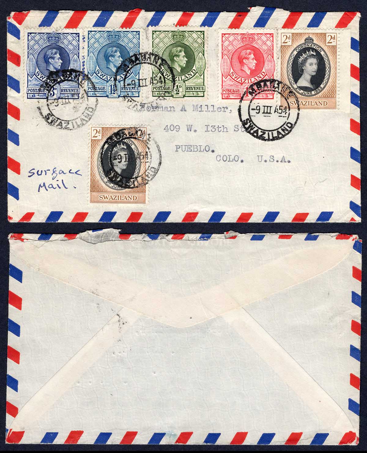 Swaziland KGVI and QEII Mixed Franking to USA