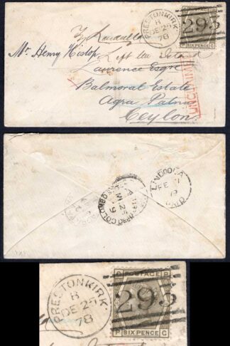 Ceylon 1878 INCOMING MAIL from England with 6d Plate 16 UNCLAIMED handstamp