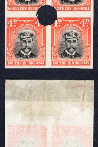 Southern Rhodesia SG6 4d Black and orange-red Admiral Plate Proof Marginal Block