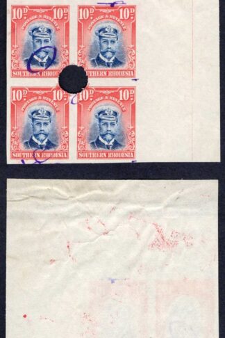 Southern Rhodesia SG9 10d Admiral CORNER Plate Proof Block