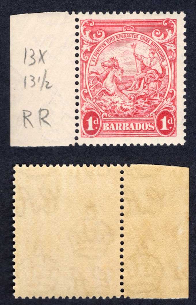 Barbados SG249 1d Scarlet Perf 13.5 x 13 SUPERB U/M Cat 275 pounds