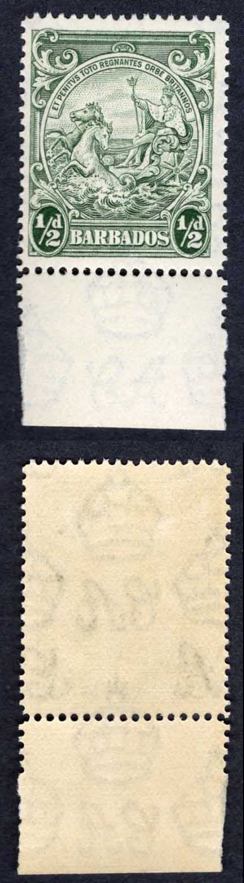 Barbados SG248b 1/2d Green Perf 14 SUPERB U/M Cat 70 pounds