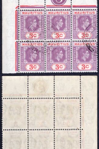 Mauritius SG253d 3c deep purple and carmine CTO Port Louis 30 JU 50 Plate Block