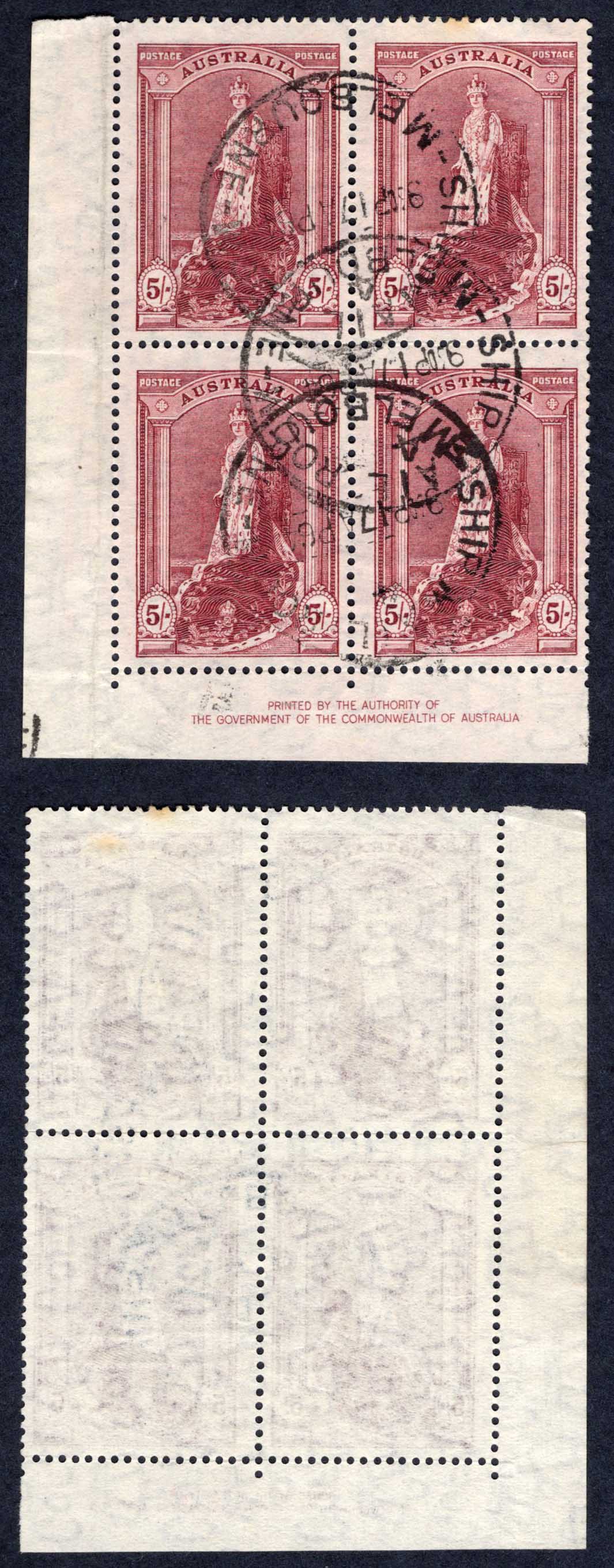Australia SG176a 5/- Robes Thin Paper Imprint Block CDS used