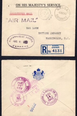 Bahamas 1943 OHMS with Fine Paid CROWN CIRCLE on a Registered Cover to USA