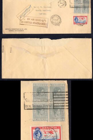 Bahamas SG152 2d Block on cover interesting handstamps