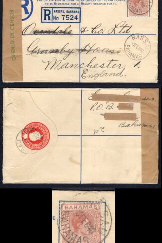 Bahamas 1940 2d Registered Envelope up rated with 1 1/2d Opened by Censor