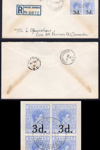 Bahamas SG161 3d on 2 1/2d Block on Airmail Registered Cover to Canada