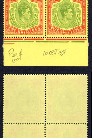 Bermuda SG118g 1950 5/- green and scarlet on yellow chalky paper Perf 13 Cat 241