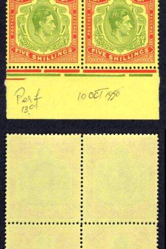 Bermuda SG118g 1950 5/- green and scarlet on yellow chalky paper Perf 13 Cat 241