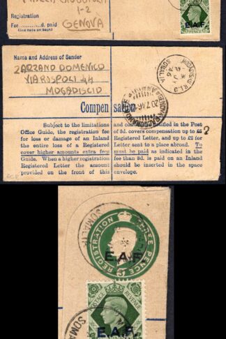 EAF 1946 3d green registered envelope uprated R MOGADISCIO ESPRESSO on front