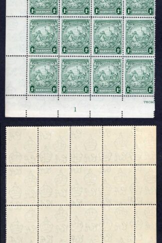 Barbados SG249ba 1d Blue Green Perf 14 Block inc R11/2 re-entry under TES U/M