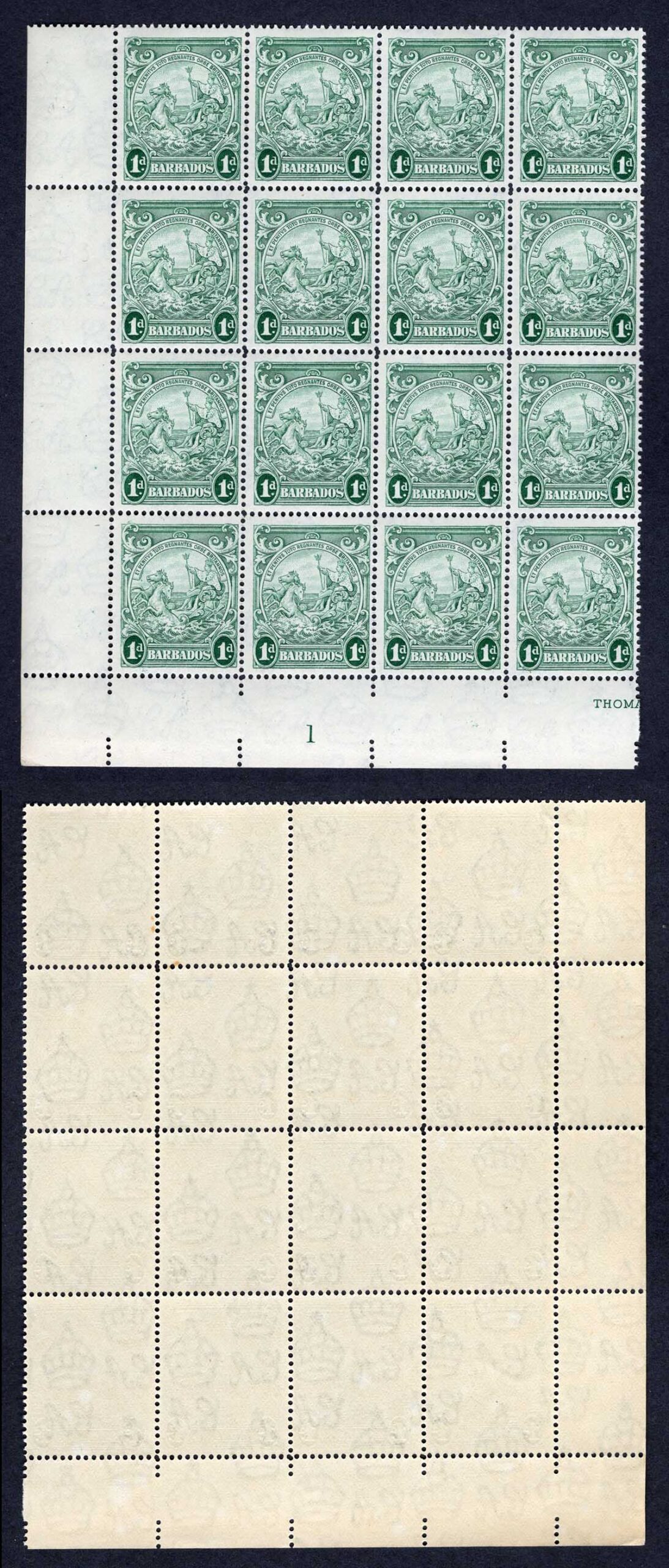 Barbados SG249ba 1d Blue Green Perf 14 Block inc R11/2 re-entry under TES U/M