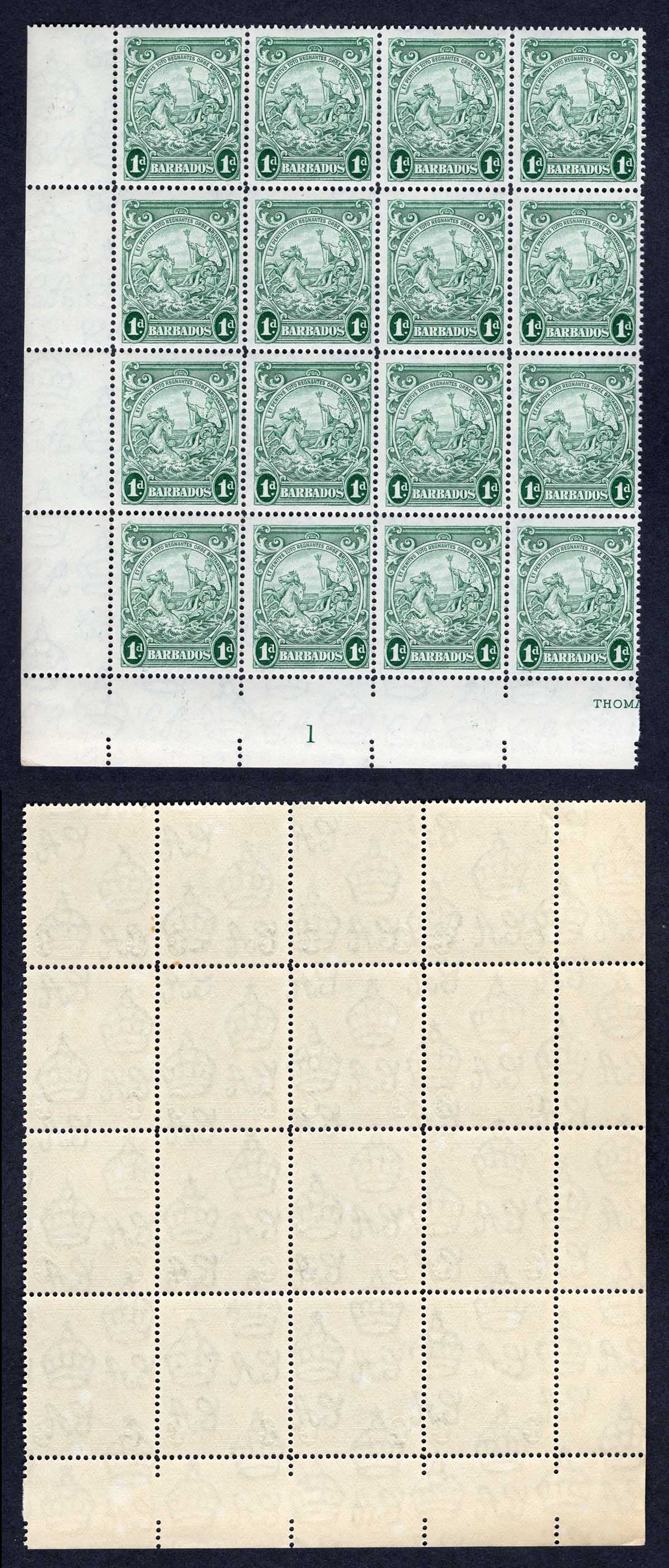 Barbados SG249ba 1d Blue Green Perf 14 Block inc R11/2 re-entry under TES U/M