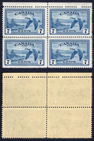 Canada Unitrade C9i 1946 Airmail 7c blue block of four on thin ribbed paper U/M