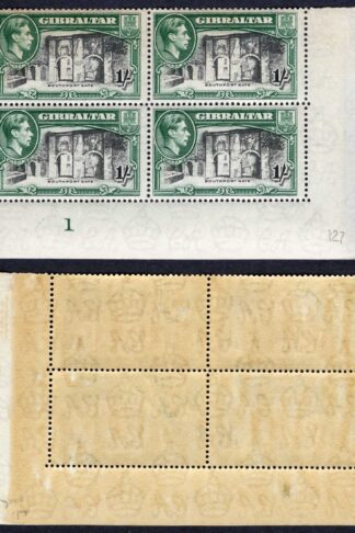 Gibraltar SG127 1/- Perf 14 Plate block of four Cat 180++ pounds