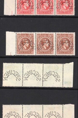 Jamaica SG121s/3s 1/2d to 1 1/2d Matching Strips Perf SPECIMEN (no gum)