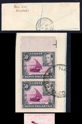 KUT SG144a 1938 50c perf 13 x 11.75 Pair with rope not joined to sail CDS Cat 2