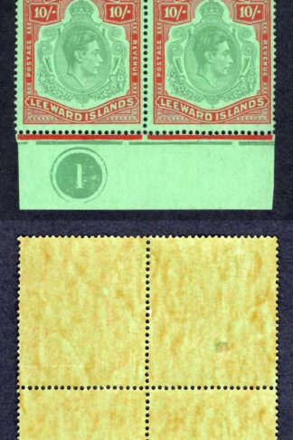 Leeward Is SG113 10/- bluish green and deep red on green paper Block Cat 800 po