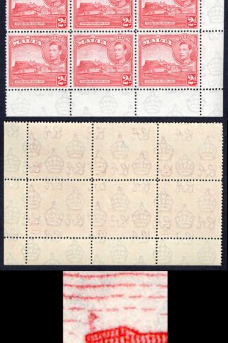 Malta SG221bb 1943-8 2d scarlet block of six R5/8 Flag on Citadel U/M Cat 90 po