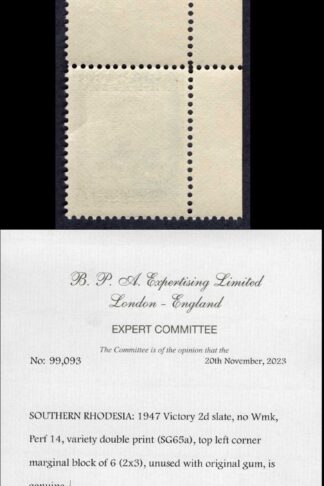 Southern Rhodesia SG65a 1946 Victory 2d slate with double print U/M BPA Cat 3500