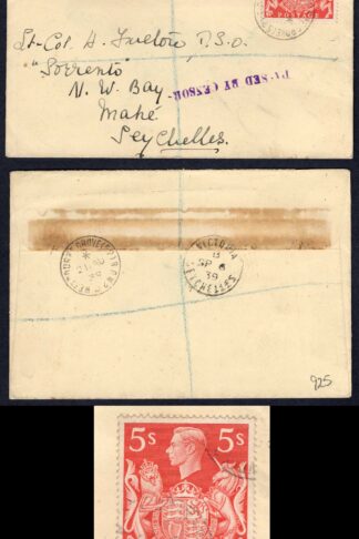 SG477 5/- Red on FIRST DAY COVER 21.8.39 to Seychelles VARY RARE