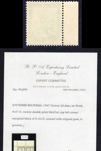 Southern Rhodesia SG65a 1946 Victory 2d slate with double print U/M BPA Cat 3500