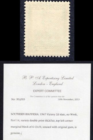 Southern Rhodesia SG65a 1946 Victory 2d slate with double print U/M BPA Cat 3500