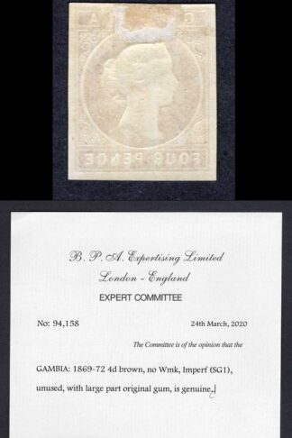 Gambia SG1 4d Brown No Wmk Mint M/M BPA Cert VERY FINE Cat 600 pounds