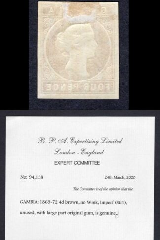 Gambia SG1 4d Brown No Wmk Mint M/M BPA Cert VERY FINE Cat 600 pounds