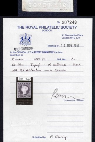 Gambia SG3a 6d Blue or Pale Blue No Wmk Red CDS BPA and Robson Lowe Certs