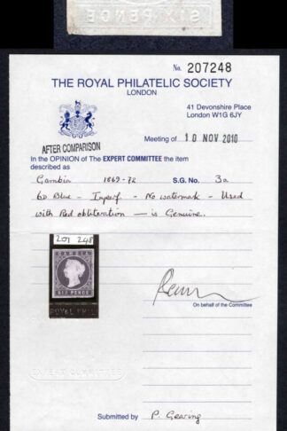 Gambia SG3a 6d Blue or Pale Blue No Wmk Red CDS BPA and Robson Lowe Certs