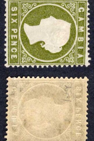Gambia SG32a 6d Yellowish Olive-green SLOPING LABEL M/M Cat 250 pounds