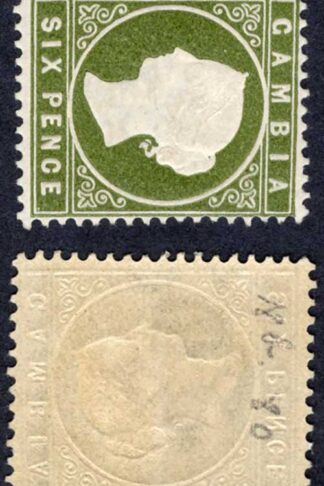 Gambia SG32d 6d Olive-green SLOPING LABEL M/M Cat 200 pounds