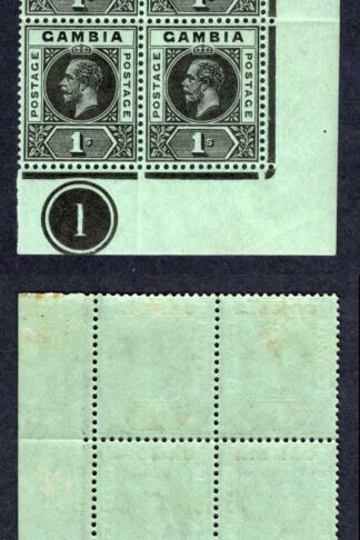 Gambia SG97 1/- Wmk Mult Crown Plate Block M/M