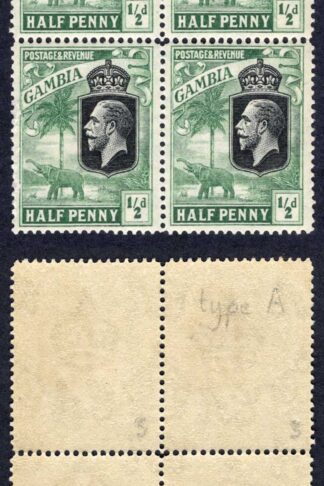 Gambia SG122 1/2d Pale green Wmk Script Perf Type a U/M Block