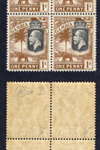 Gambia SG124 1d Brown Wmk Script Perf Type a U/M