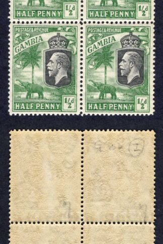 Gambia SG122 1/2d Pale green Wmk Script Perf Type d U/M Block