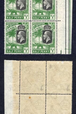 Gambia SG122 1/2d Pale green Wmk Script Perf Type d U/M Block
