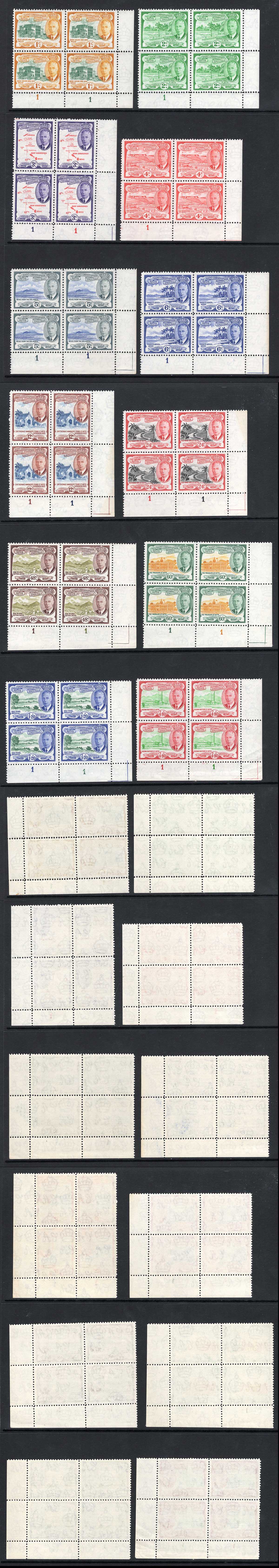 St Kitts-Nevis SG94-105 KGVI Set of 12 U/M PLATE Blocks Cat 168 pounds