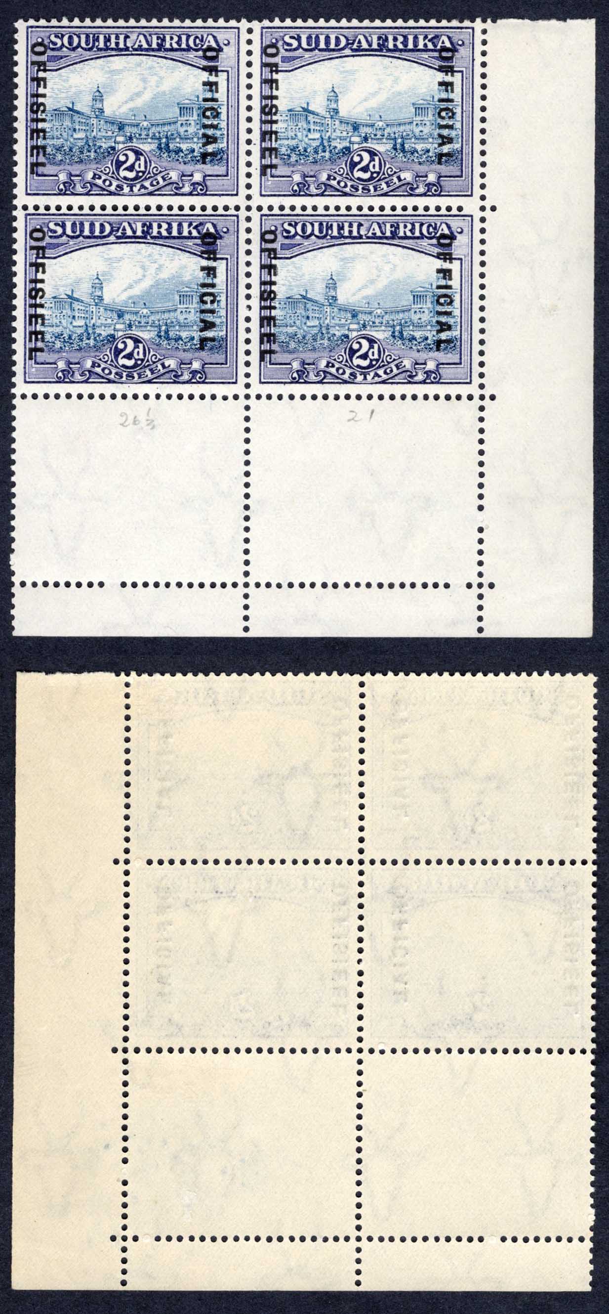 South Africa SGO23 2d Blue and Violet (20mm) Corner Block Cat 300++ pounds