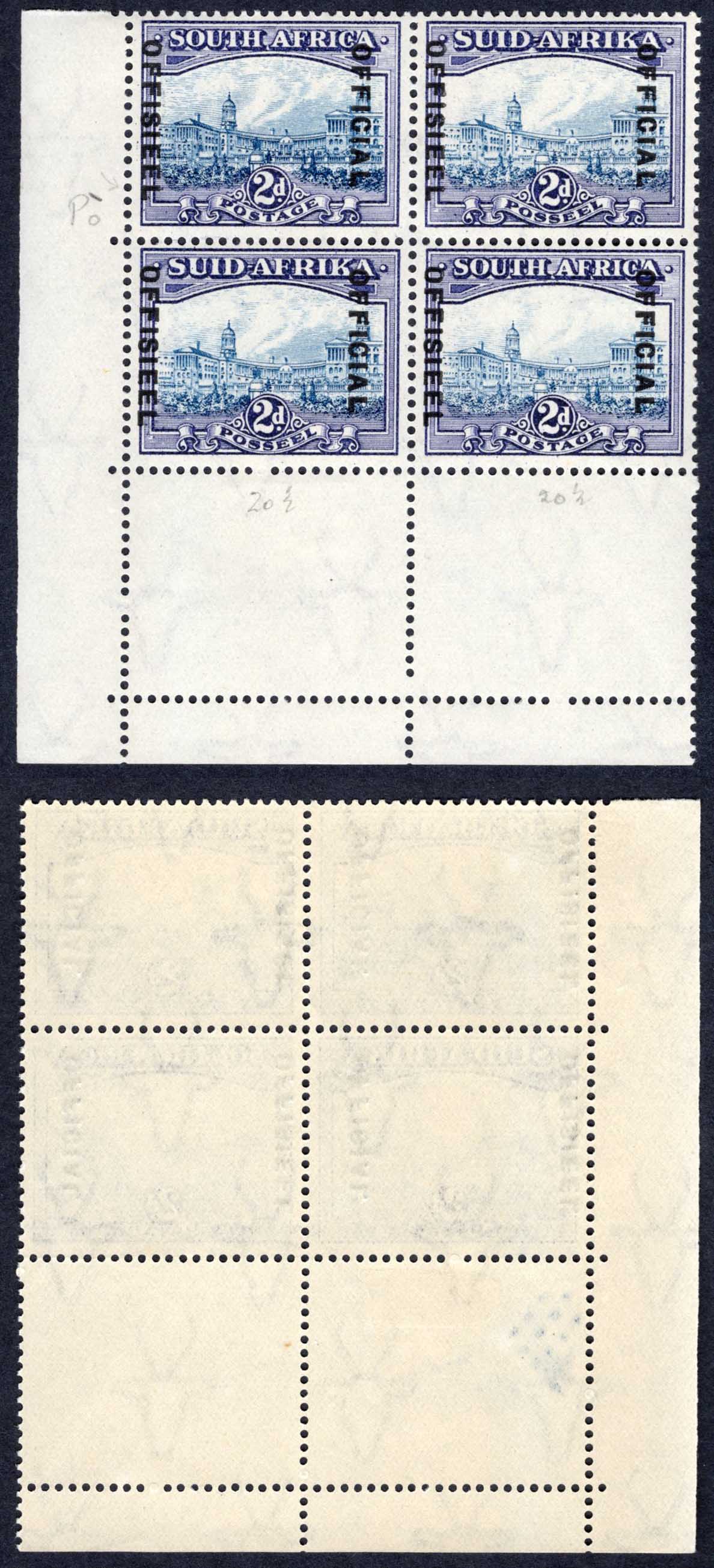 South Africa SGO23 2d Blue and Violet (20mm) Corner Block Cat 300++ pounds