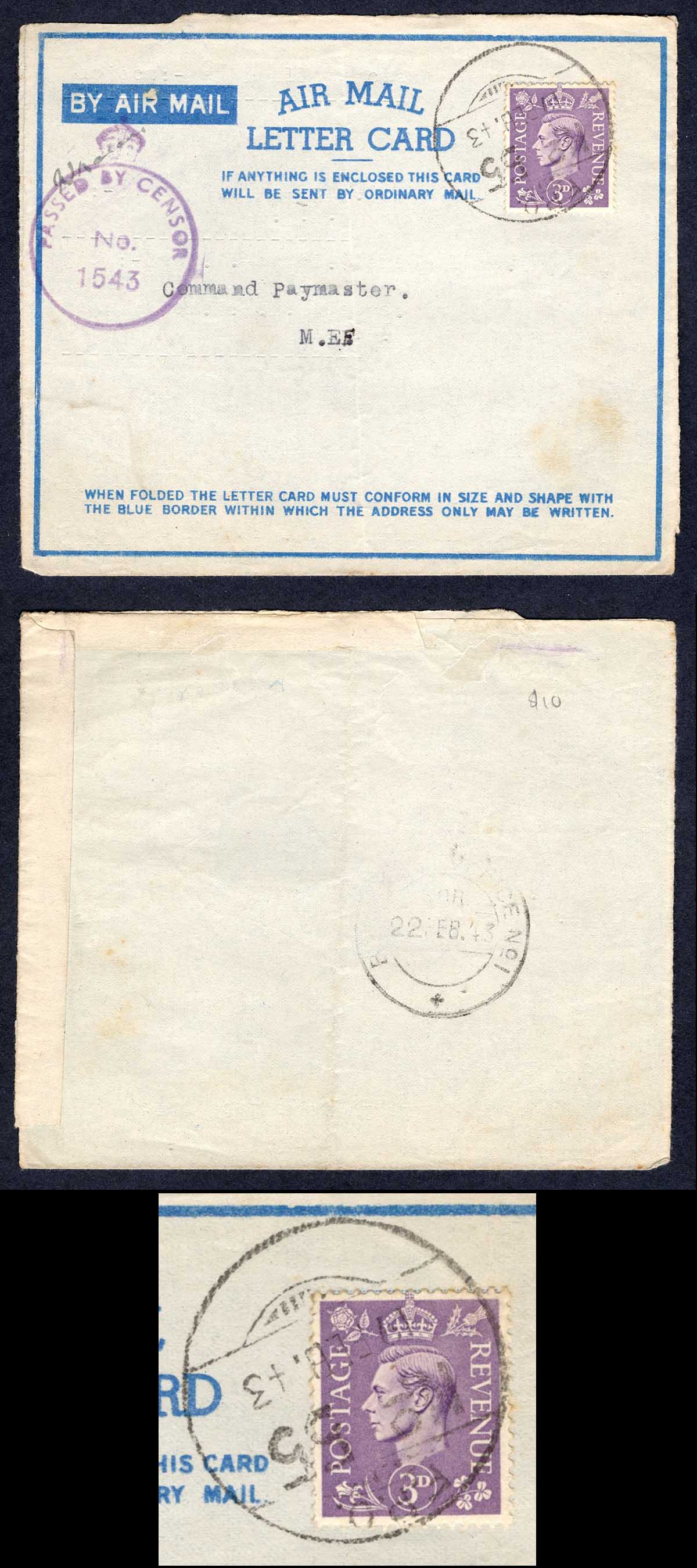 Cyprus MEF Part airmail lettercard with FPO 55 19 FEB 43