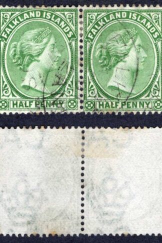 Falkland Is SG17b 1/2d yellow-green Wmk CA Upright Pair (tone spots)