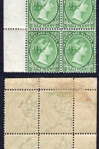 Falkland Is SG17c 1/2d Dull Yellowish Green Wmk CA Upright BLOCK